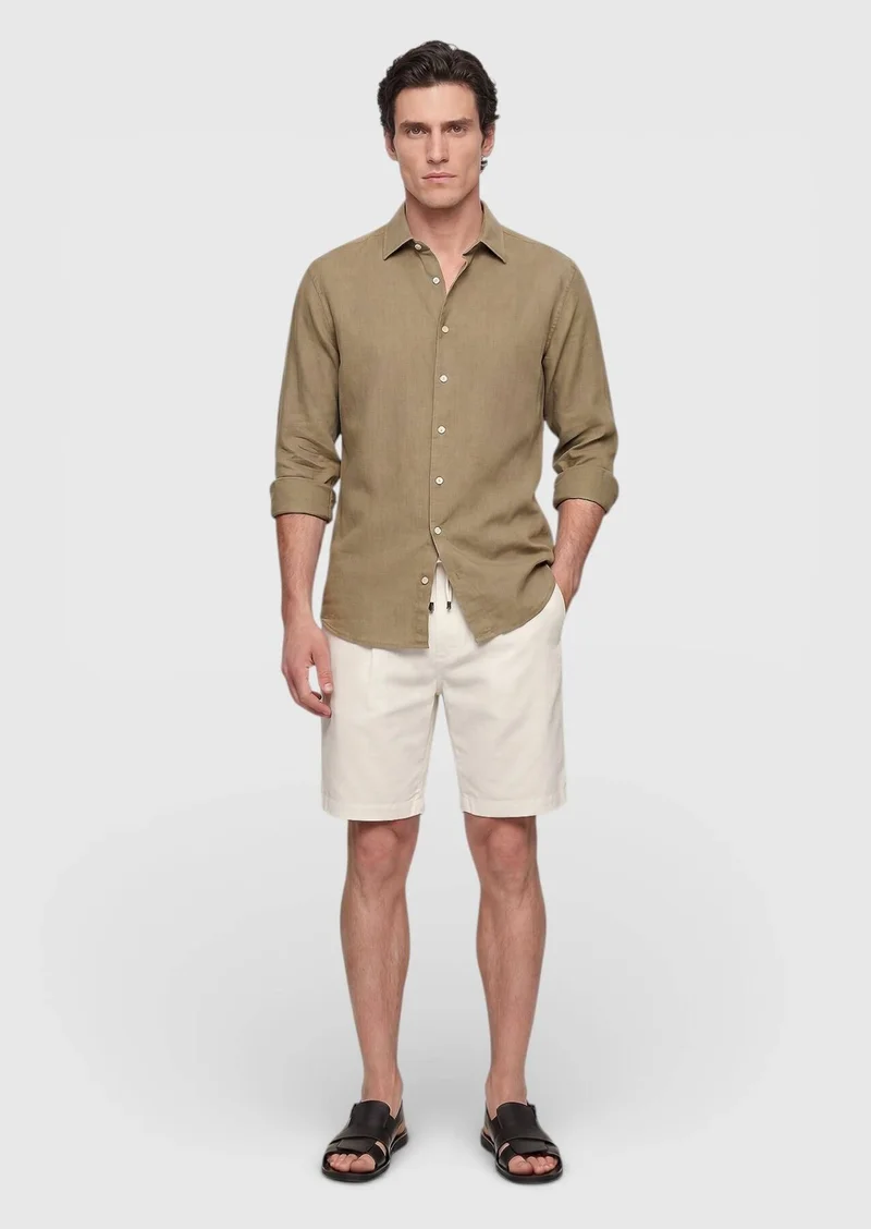 RAMSEY Khaki Plain Casual Fit Long Weaving Casual 100% Cotton Shirt