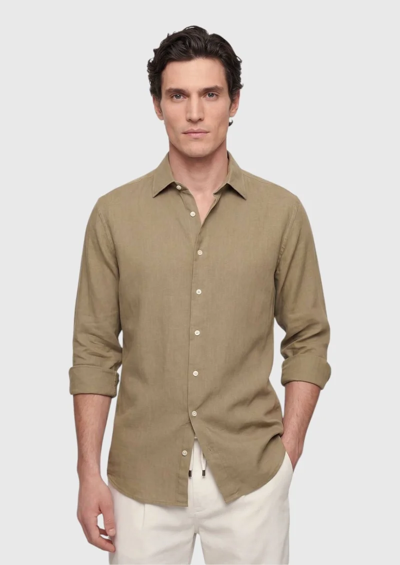 RAMSEY Khaki Plain Casual Fit Long Weaving Casual 100% Cotton Shirt