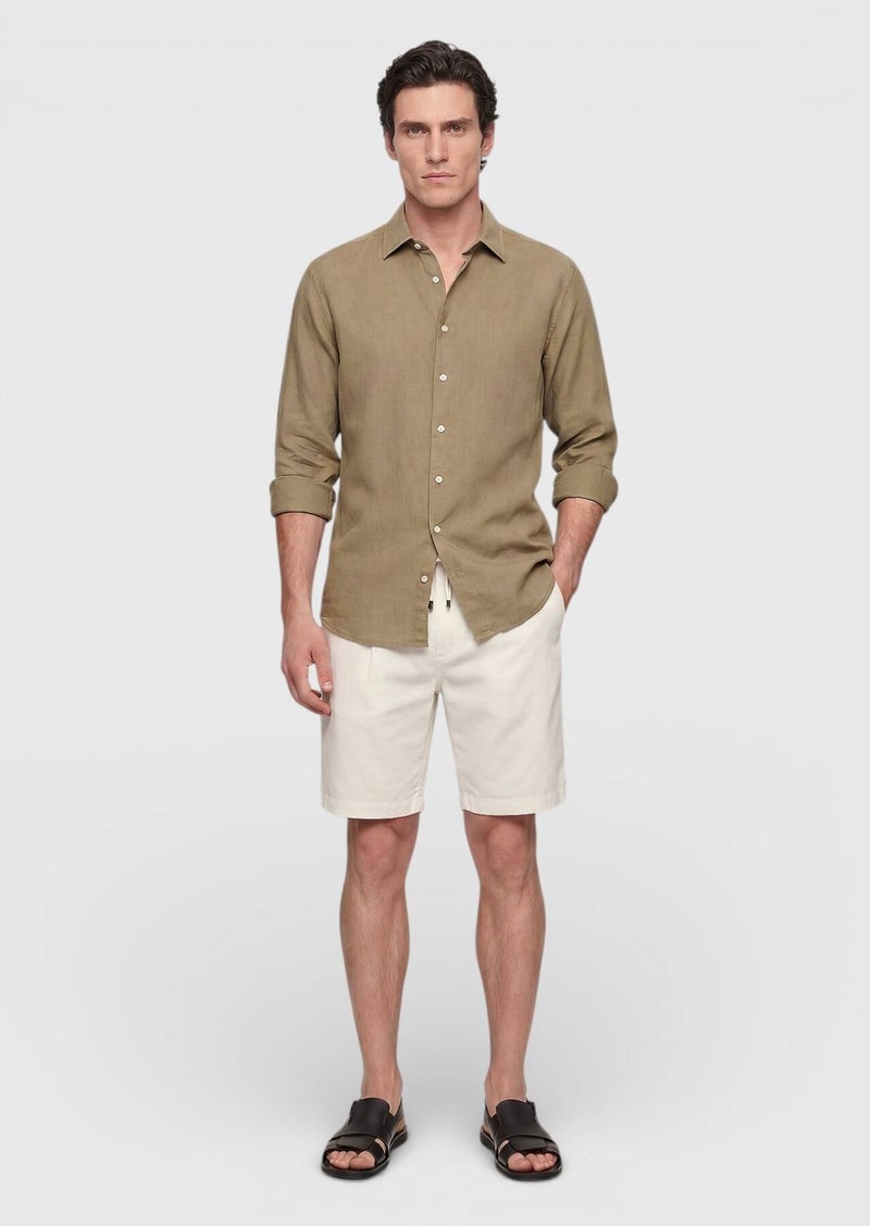 RAMSEY Khaki Plain Casual Fit Long Weaving Casual 100% Cotton Shirt - Image 3