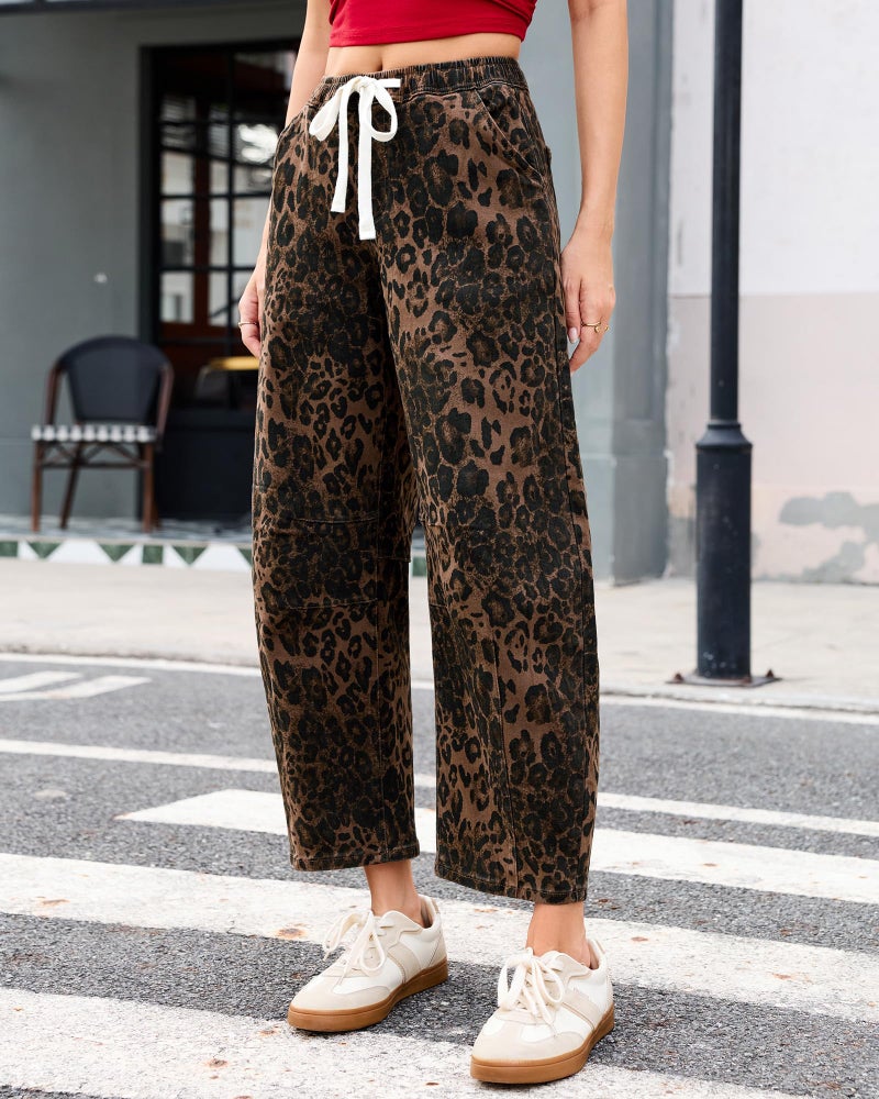 Vetinee Womens Stretchy Jeans Drawstring Barrel Jeans Cheetah High Waisted Wide Leg Pants for Women Drawstring Denim Pants for Women Brown Leopard X-Large - Image 3