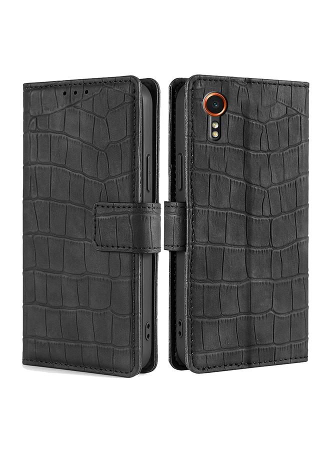 جرين تايجر جراب هاتف من الجلد بمشبك مغناطيسي على شكل جلد التمساح لهاتف Samsung Galaxy Xcover 7 5G (أسود)