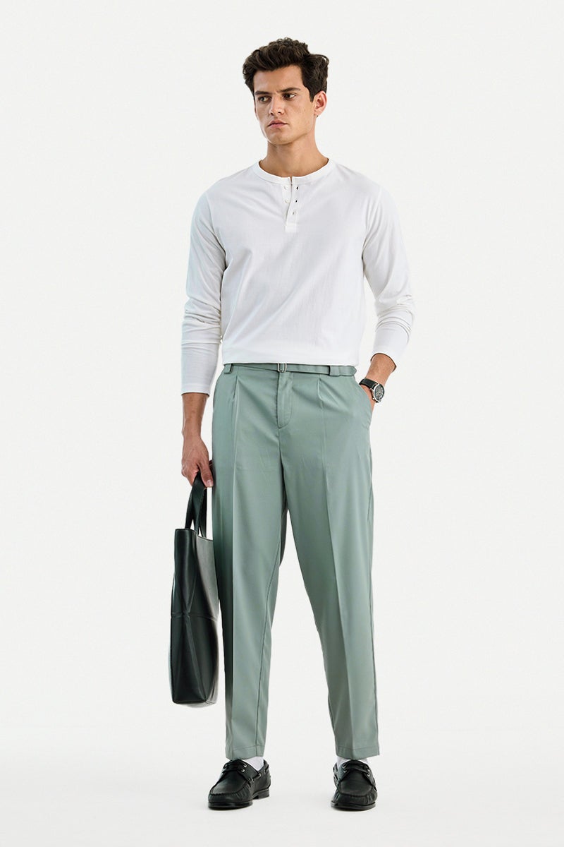 SNITCH Sage Green Solid Relaxed Formal Trousers - Image 3