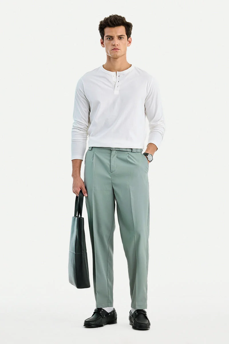 SNITCH Sage Green Solid Relaxed Formal Trousers