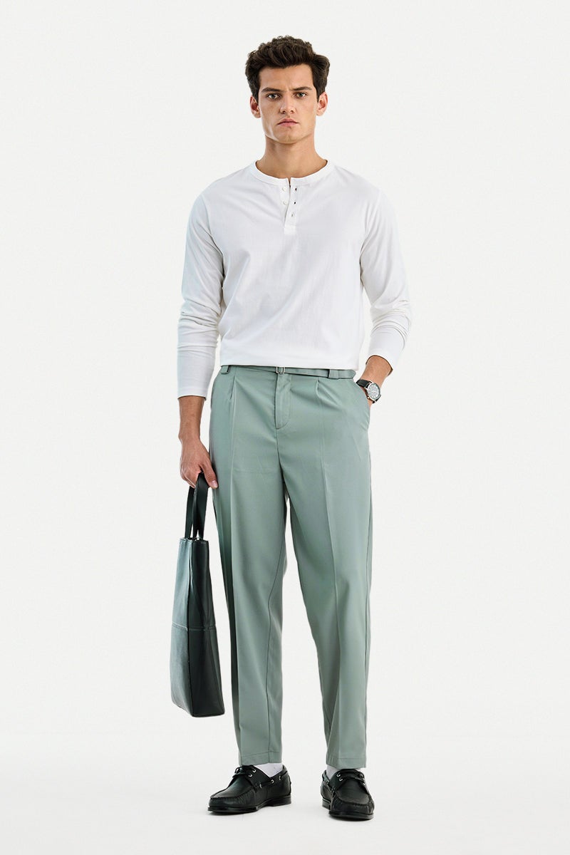 SNITCH Sage Green Solid Relaxed Formal Trousers - Image 2