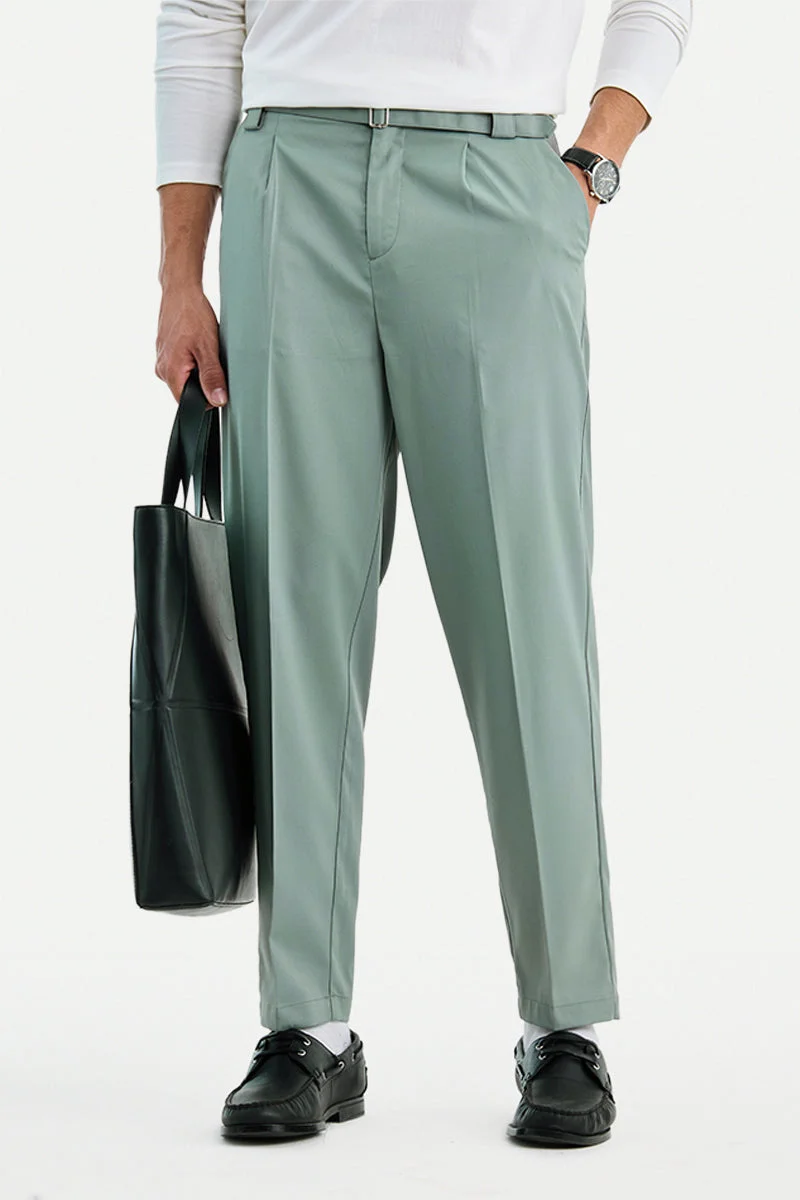 SNITCH Sage Green Solid Relaxed Formal Trousers