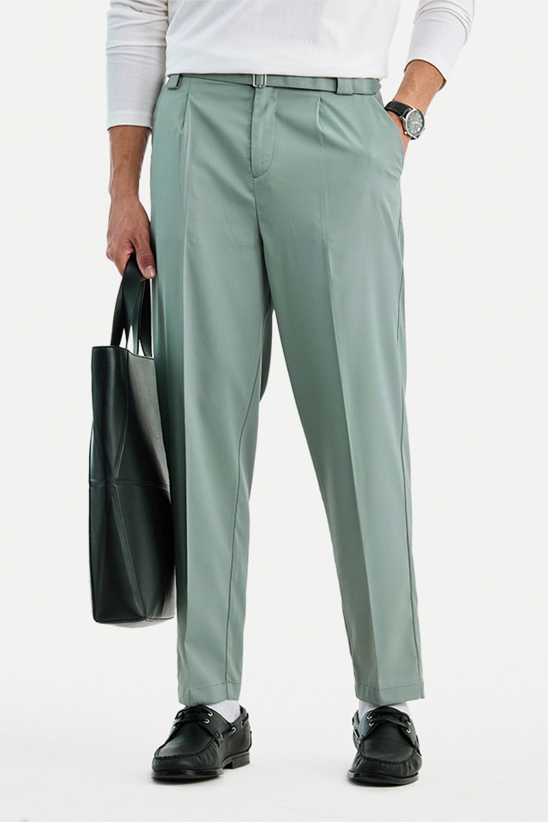 SNITCH Sage Green Solid Relaxed Formal Trousers - Image 1