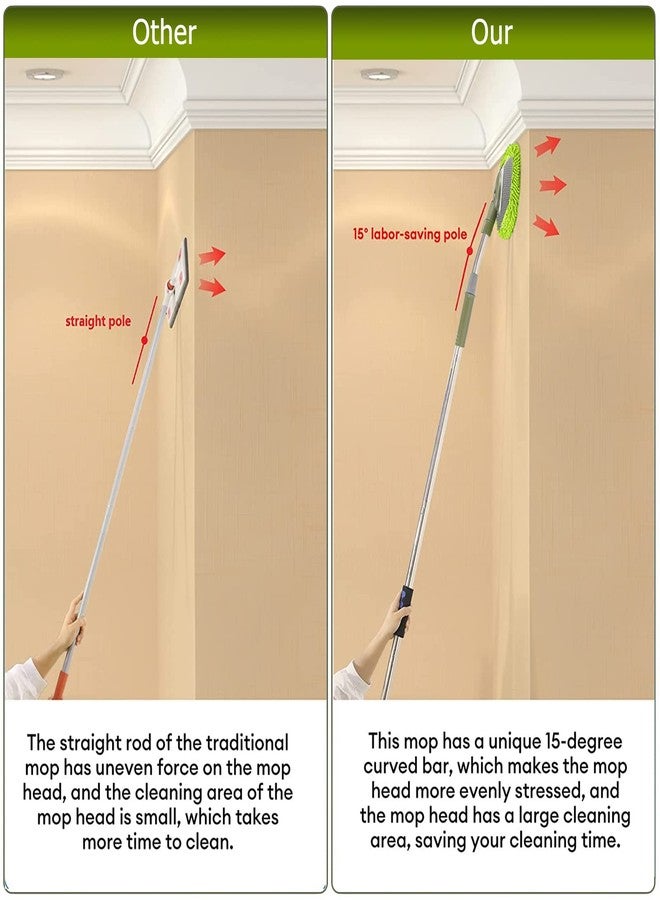 SLIIMU Wall Cleaner, Max 66'' Wall Mop with Long Handle, Ceiling Dust Mop with 15° Labor-Saving Elbow Extension Pole, Baseboard Duster Washer Scrubber, High Reach Window Cleaning Brush, Roof Cleaning Tool-GN - Image 4