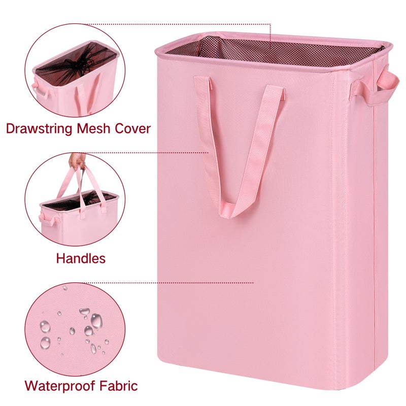 efluky Slim Laundry Basket, Narrow Laundry Hamper with Handles, Collapsible Dirty Clothes Hamper, Tall Laundry Bin for Laundry Room, Dorm and Bedroom, 12.7 Gallons(48L) Pink - Image 2