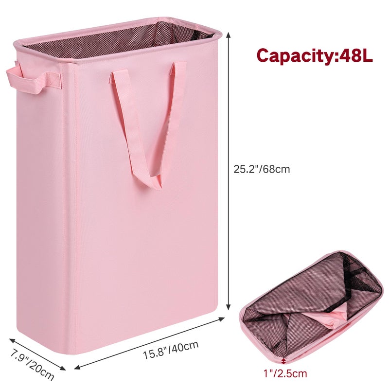 efluky Slim Laundry Basket, Narrow Laundry Hamper with Handles, Collapsible Dirty Clothes Hamper, Tall Laundry Bin for Laundry Room, Dorm and Bedroom, 12.7 Gallons(48L) Pink - Image 3