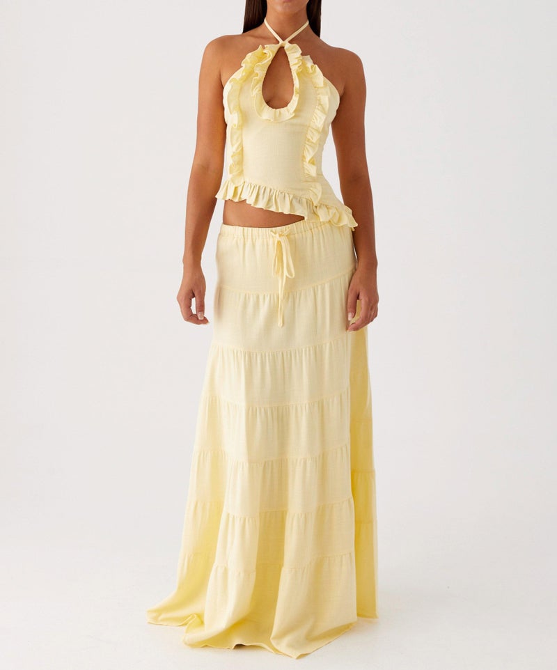 Argeousgor Women Ruffle Maxi Skirt Set Halter Ruched Crop Top Flowy Long Skirt Y2K 2 Piece Outfts Going Out - Image 2