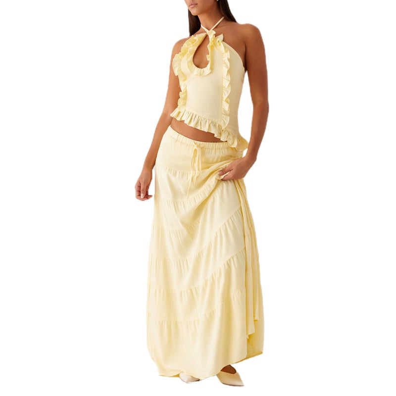 Argeousgor Women Ruffle Maxi Skirt Set Halter Ruched Crop Top Flowy Long Skirt Y2K 2 Piece Outfts Going Out - Image 1