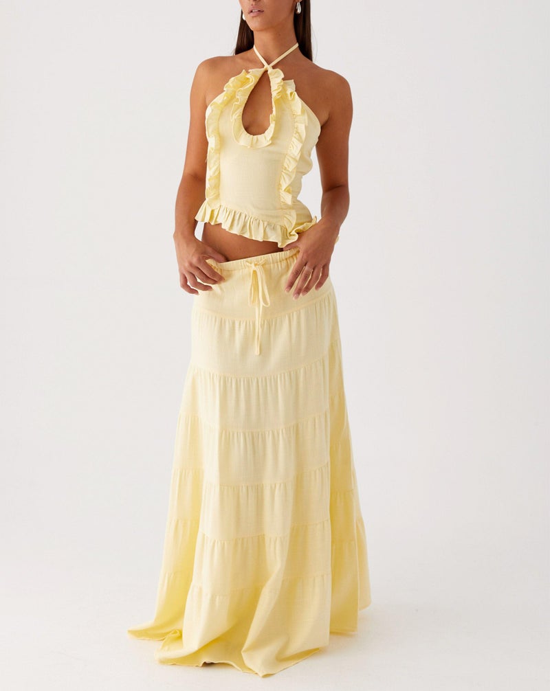 Argeousgor Women Ruffle Maxi Skirt Set Halter Ruched Crop Top Flowy Long Skirt Y2K 2 Piece Outfts Going Out - Image 3