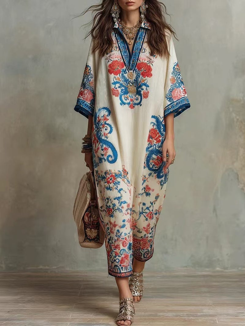 2026 Summer New Arrival Women's Floral Print V-Neck Kaftan Maxi Dress with Side Slit, A-Line Flowy Long Dress