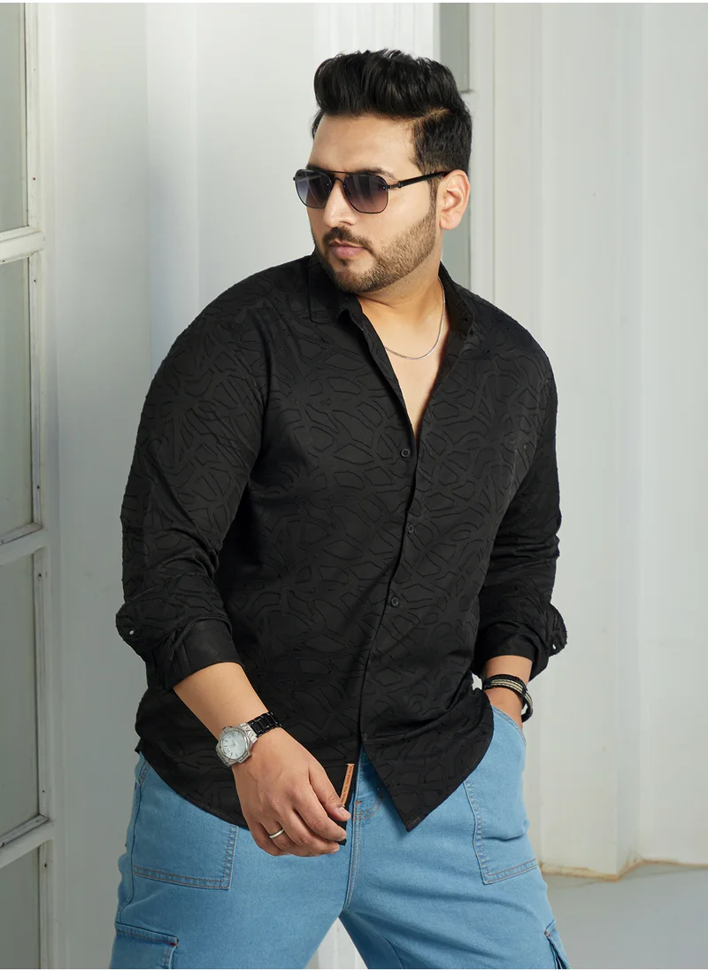 انستافاب بلس Instafab Plus Men's Onyx Black Abstract-Edge Shirt For Casual Wear | Spread Collar | Long Cuffed Sleeves | Button Closure | Plus Size Shirt Crafted With Comfort Fit For Everyday Wear