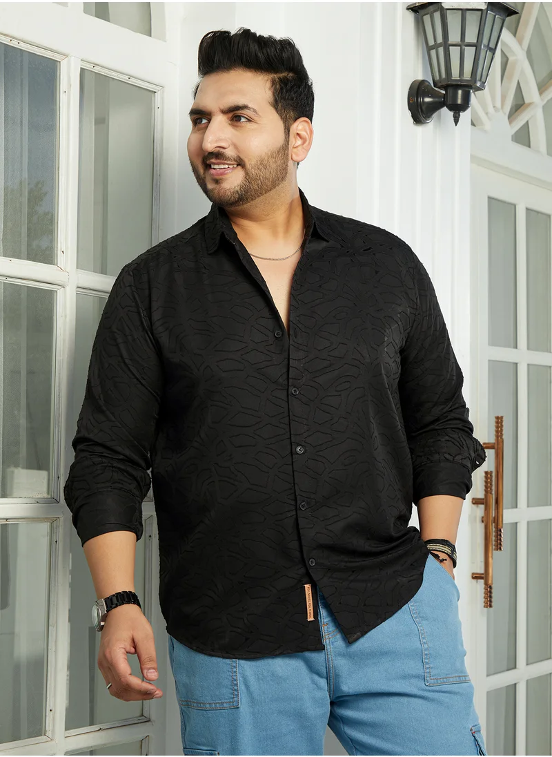 انستافاب بلس Instafab Plus Men's Onyx Black Abstract-Edge Shirt For Casual Wear | Spread Collar | Long Cuffed Sleeves | Button Closure | Plus Size Shirt Crafted With Comfort Fit For Everyday Wear