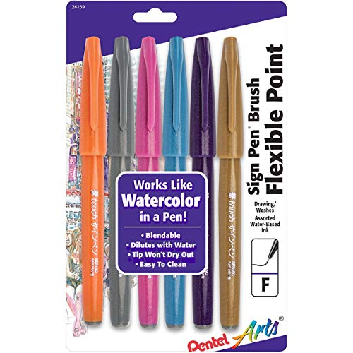 Pentel Arts Sign Pen Touch, Fude Brush Tip, Fashion Colors, Pack of 6 (SES15CBP6M1) - Image 1