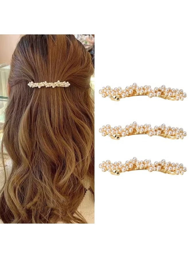 GIFT 3 Pcs Pearl Hair Clips for Women, Elegant French Barrettes for Thin and Thick Hair, Gold Barrette Pins, Decorative Wedding and Bridal Hair Clips - Image 1