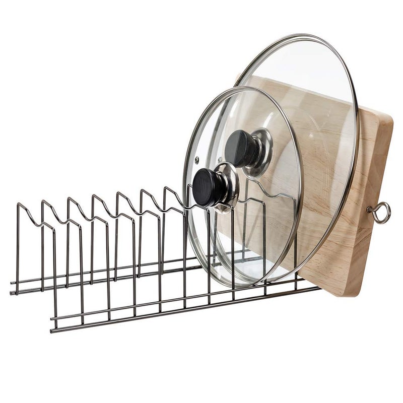 SANNO Pan Pot Lid Holder Organizer Rack Kitchen Organizer for Plates Cutting Boards Bakeware Cooling Pots  Pans Serving TraysLids Holder RackNickel 10 Dividers