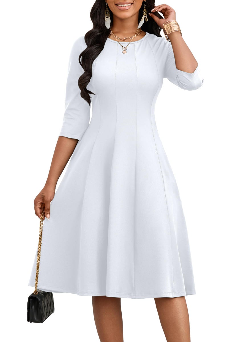CLOCOR Casual Midi Dresses for Women A-Line Fit and Flare Elegant Church Cocktail Wedding 3/4 Sleeve Dress with Pocket White - Image 1