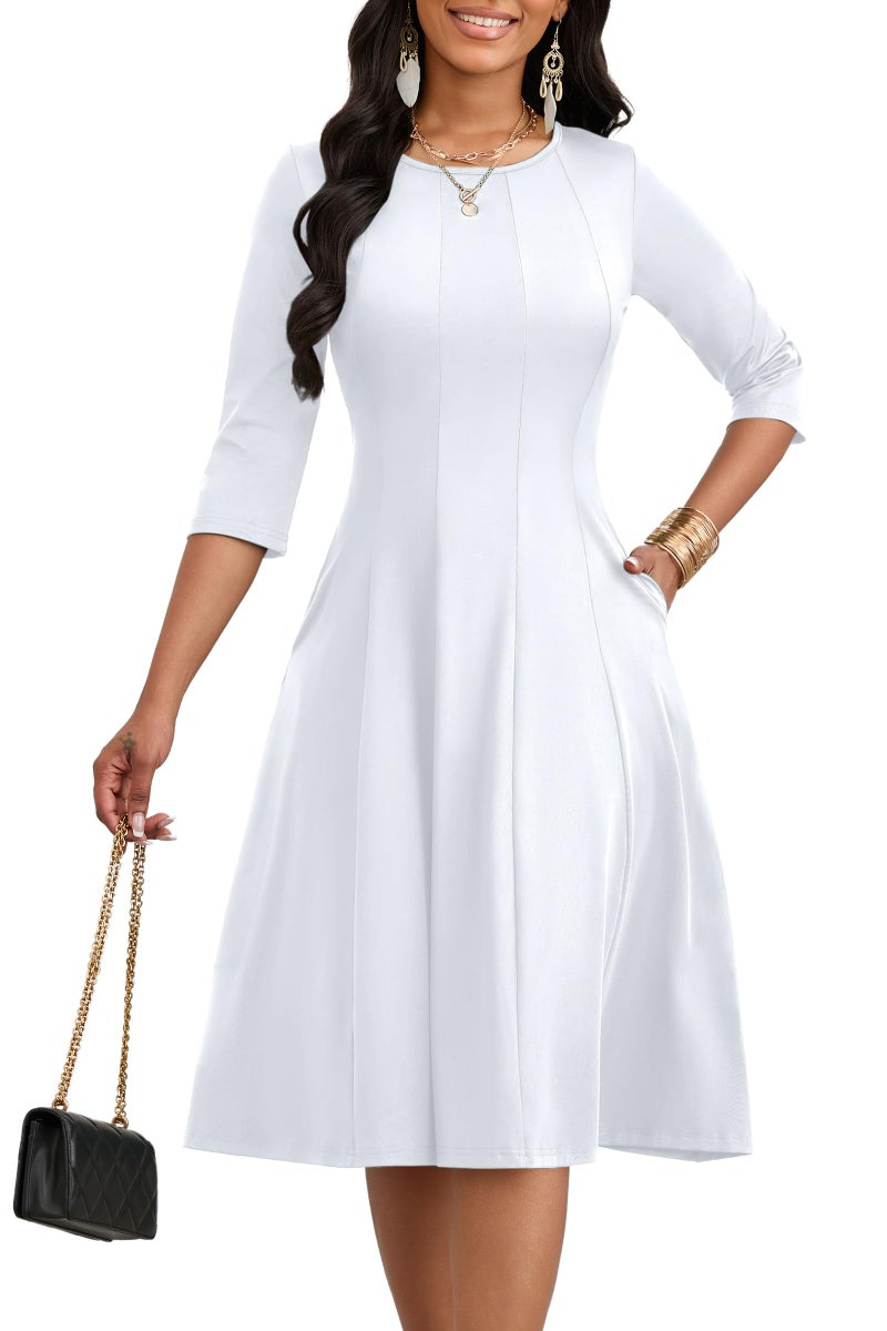 CLOCOR Casual Midi Dresses for Women A-Line Fit and Flare Elegant Church Cocktail Wedding 3/4 Sleeve Dress with Pocket White - Image 2
