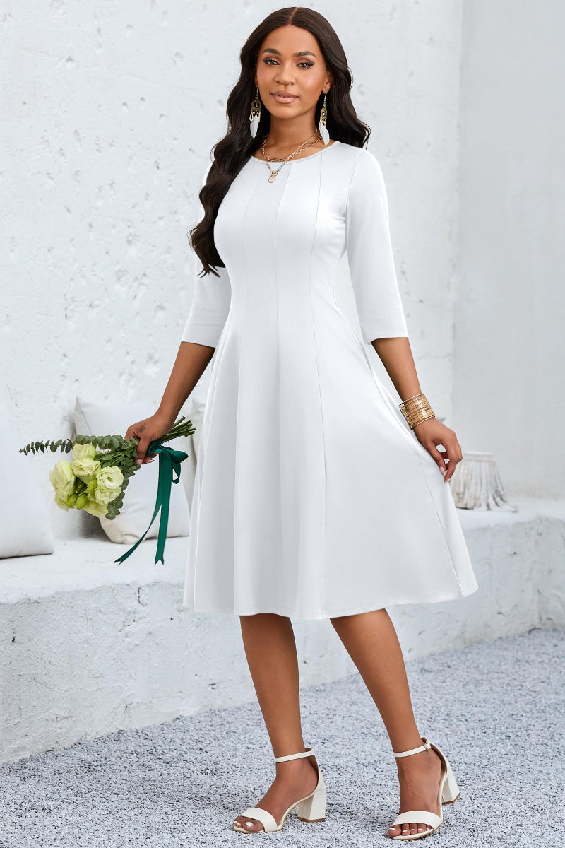 CLOCOR Casual Midi Dresses for Women A-Line Fit and Flare Elegant Church Cocktail Wedding 3/4 Sleeve Dress with Pocket White - Image 4