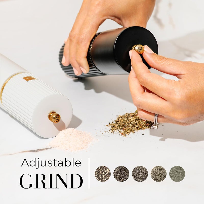 styled settings White and Black Salt and Pepper Grinder Set with Gold Accents – Set of Two Refillable Wooden Manual Grinders with Adjustable Ceramic Mills & Matching Wooden Stand - Ideal for Gifting - Image 2