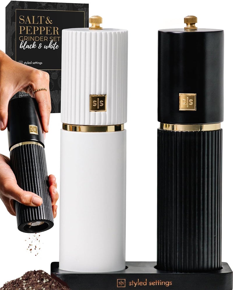 styled settings White and Black Salt and Pepper Grinder Set with Gold Accents – Set of Two Refillable Wooden Manual Grinders with Adjustable Ceramic Mills & Matching Wooden Stand - Ideal for Gifting - Image 1