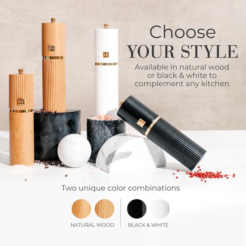 styled settings White and Black Salt and Pepper Grinder Set with Gold Accents – Set of Two Refillable Wooden Manual Grinders with Adjustable Ceramic Mills & Matching Wooden Stand - Ideal for Gifting - Image 3