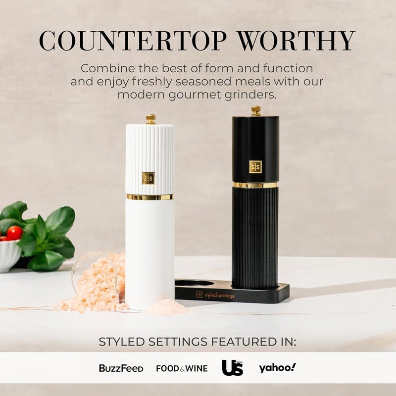 styled settings White and Black Salt and Pepper Grinder Set with Gold Accents – Set of Two Refillable Wooden Manual Grinders with Adjustable Ceramic Mills & Matching Wooden Stand - Ideal for Gifting - Image 4