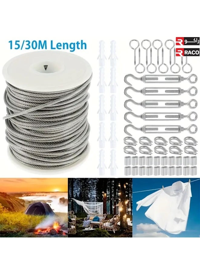 راكو مجموعة كابلات أسلاك من الفولاذ المقاوم للصدأ من راكو، بطول 30 مترًا، مطلية بمادة البولي فينيل كلوريد، مع مشابك ربط ومجموعة أدوات للحديقة والخيمة الخارجية ومشاريع "اصنعها بنفسك" - Image 3