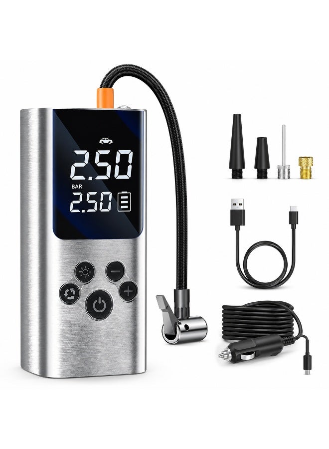 150 PSI Rechargeable Digital Portable Car Tire Inflator with Display and Auto Shut-Off, Air Compressor for Cars, Bikes, and Balls with LED Light, Type-C Charging, and 12V Cable - Image 1