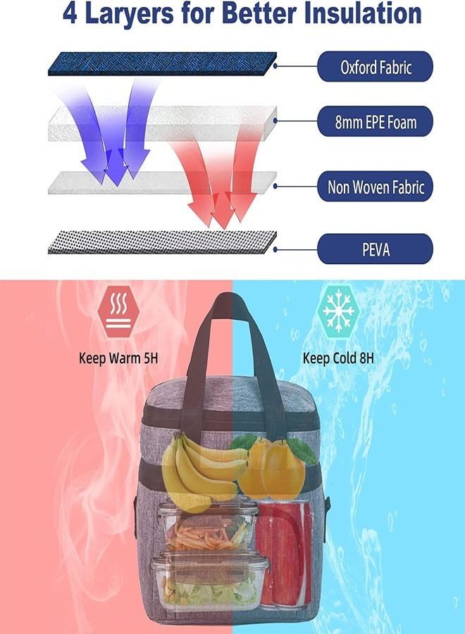 fashionhome Large Leakproof Reusable Insulated Lunch Bag for Women Men Double Deck Lunch Tote Bag Lunch Cooler Bag with Adjustable Shoulder Strap for Office School Picnic 27 x 20 x 22 Centimeter  - Image 4