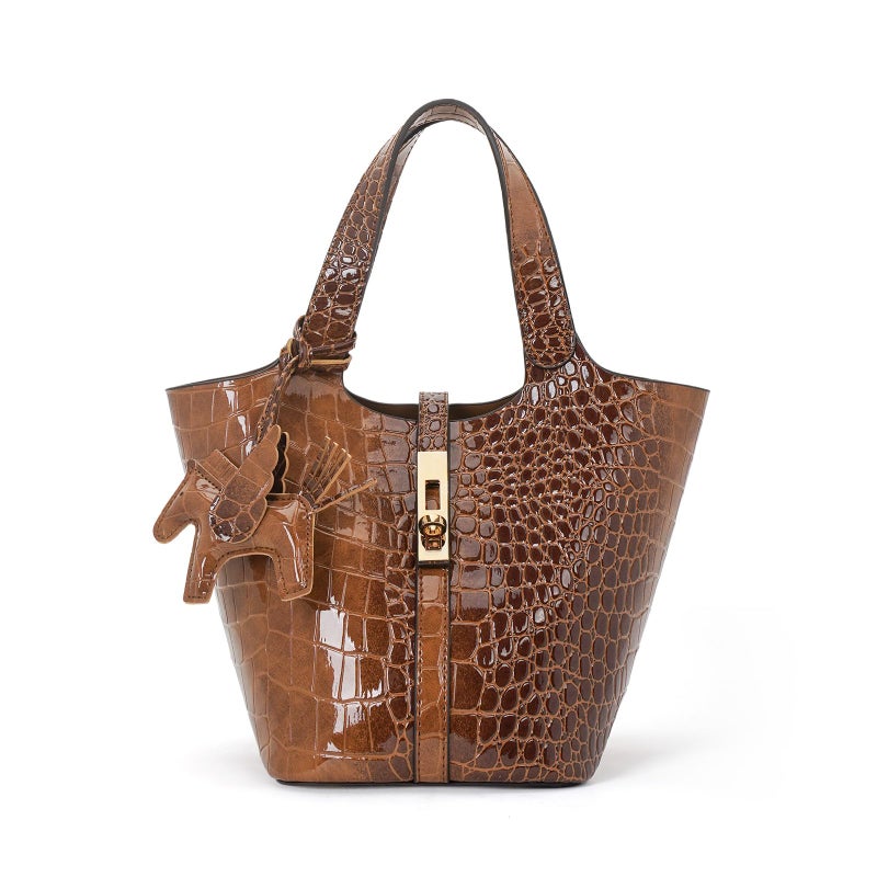 Kadynow Tote Bag for Women Vegan Leather Bucket Purse for Women Crocodile Pattern Top Handle Handbag Shoulder Bag with Detachable Small Purse Brown - Image 1