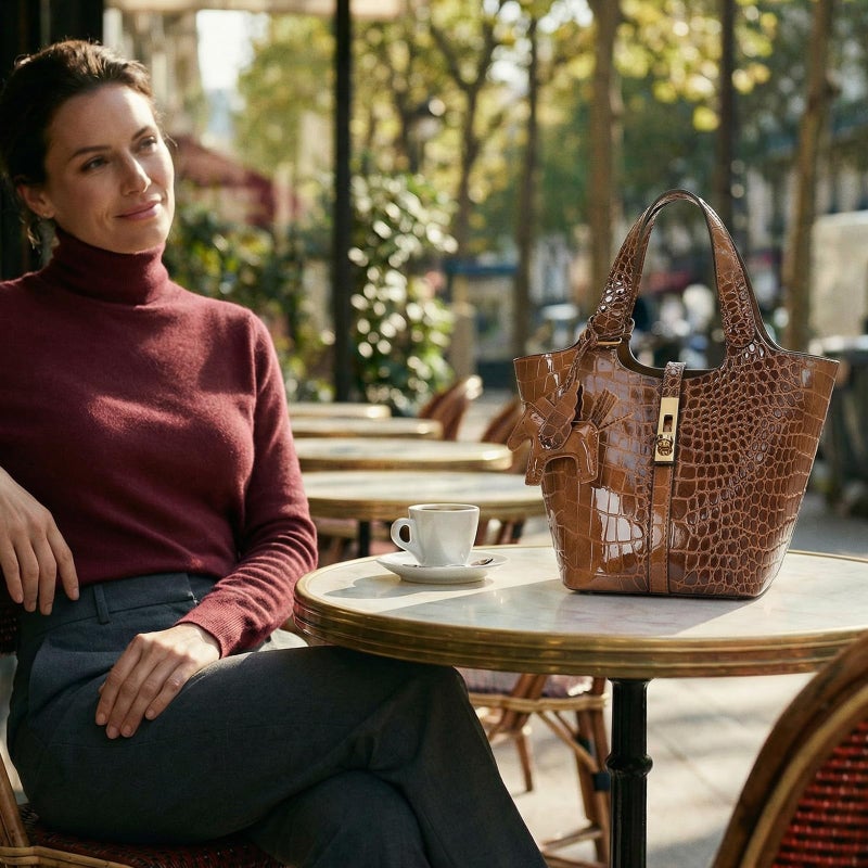 Kadynow Tote Bag for Women Vegan Leather Bucket Purse for Women Crocodile Pattern Top Handle Handbag Shoulder Bag with Detachable Small Purse Brown - Image 2