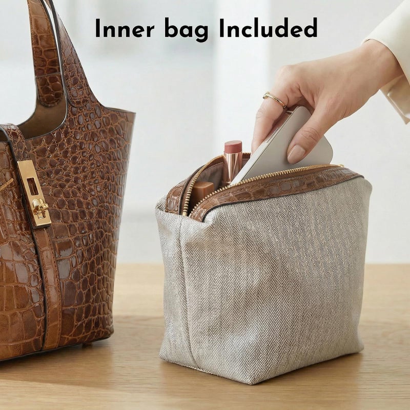 Kadynow Tote Bag for Women Vegan Leather Bucket Purse for Women Crocodile Pattern Top Handle Handbag Shoulder Bag with Detachable Small Purse Brown - Image 5