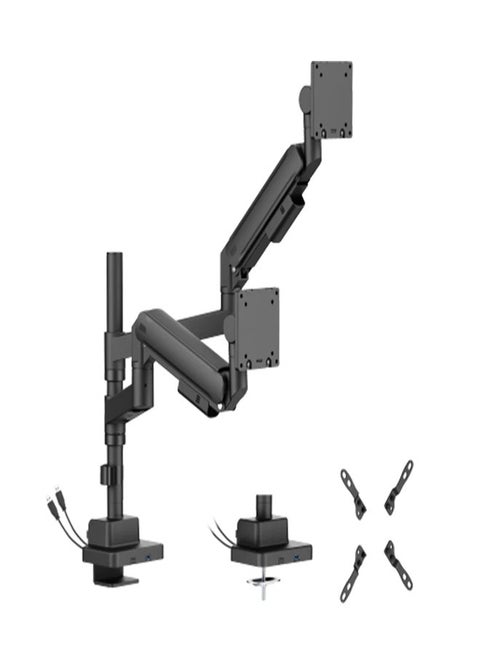 SH87 C024UCP Titan Heavy-Duty Pole-Mounted Gas Spring Dual Monitor Arm with USB-A and USB-C Ports for 24"-57" Screens, VESA 200x200, 27kg Load Capacity per Screen – Black
