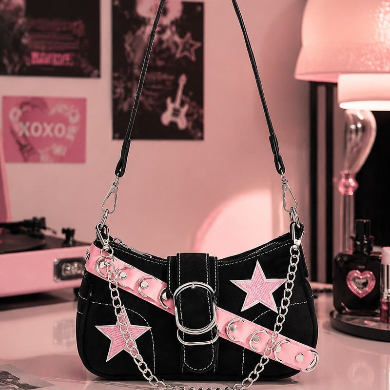Y2K Denim Tote Bag with Pink Star Patch - Image 3