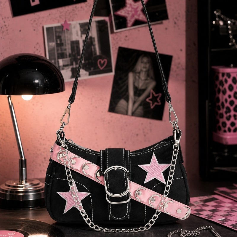 Y2K Denim Tote Bag with Pink Star Patch - Image 1