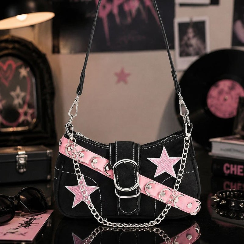 Y2K Denim Tote Bag with Pink Star Patch - Image 2