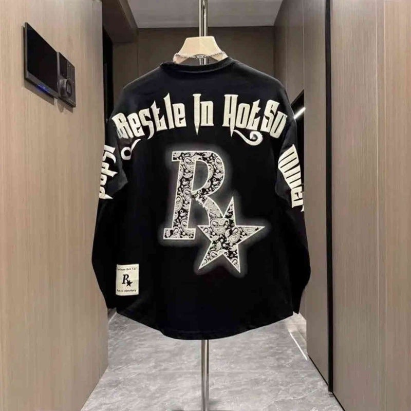 Autumn and Winter Fashion Mens Long-sleeved T-shirt High-end Printed Alphabet All-match Pullover Base Shirt Sweater Trendy Men White  - Image 2