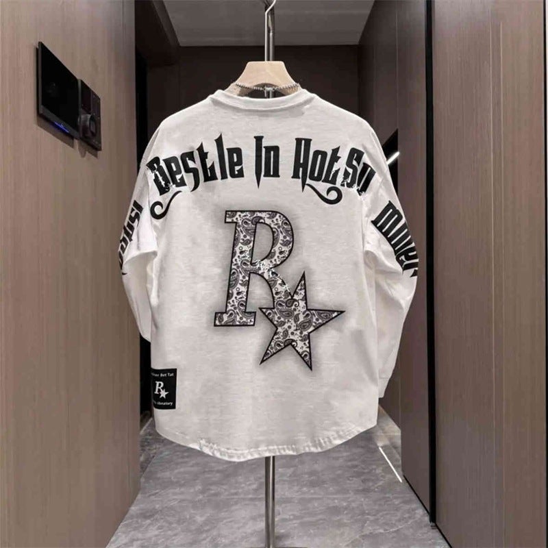 Autumn and Winter Fashion Mens Long-sleeved T-shirt High-end Printed Alphabet All-match Pullover Base Shirt Sweater Trendy Men White  - Image 1