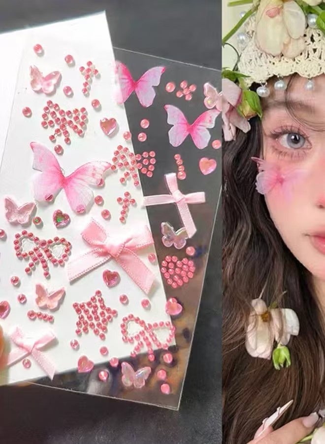 5-Piece Pink Face Stickers Set – Butterfly & Bow Rhinestone Gems for Party Makeup & Festival Decoration - Image 2