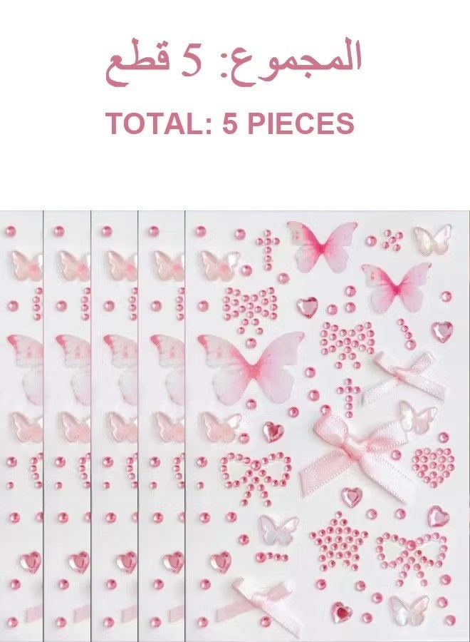 5-Piece Pink Face Stickers Set – Butterfly & Bow Rhinestone Gems for Party Makeup & Festival Decoration - Image 5