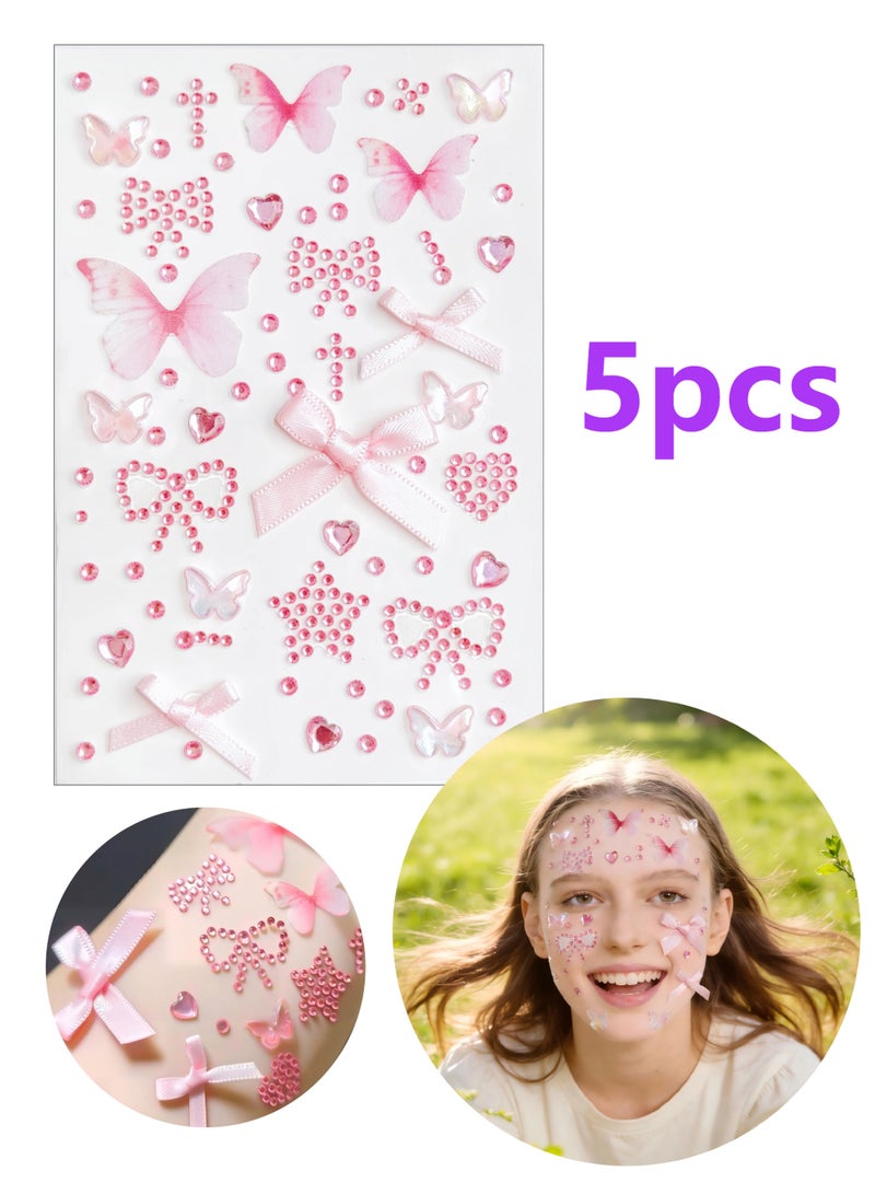 5-Piece Pink Face Stickers Set – Butterfly & Bow Rhinestone Gems for Party Makeup & Festival Decoration - Image 1