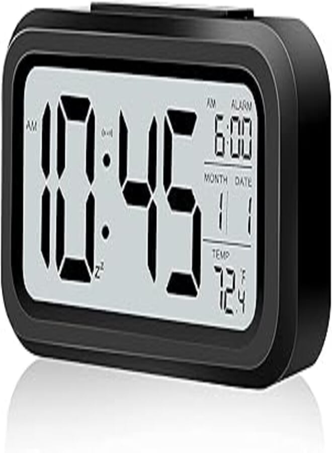 OR LED Screen Smart Night Light, Snooze, Date, 12/24H, Indoor Temperature, Battery Operated Desk Alarm Clock (Black)