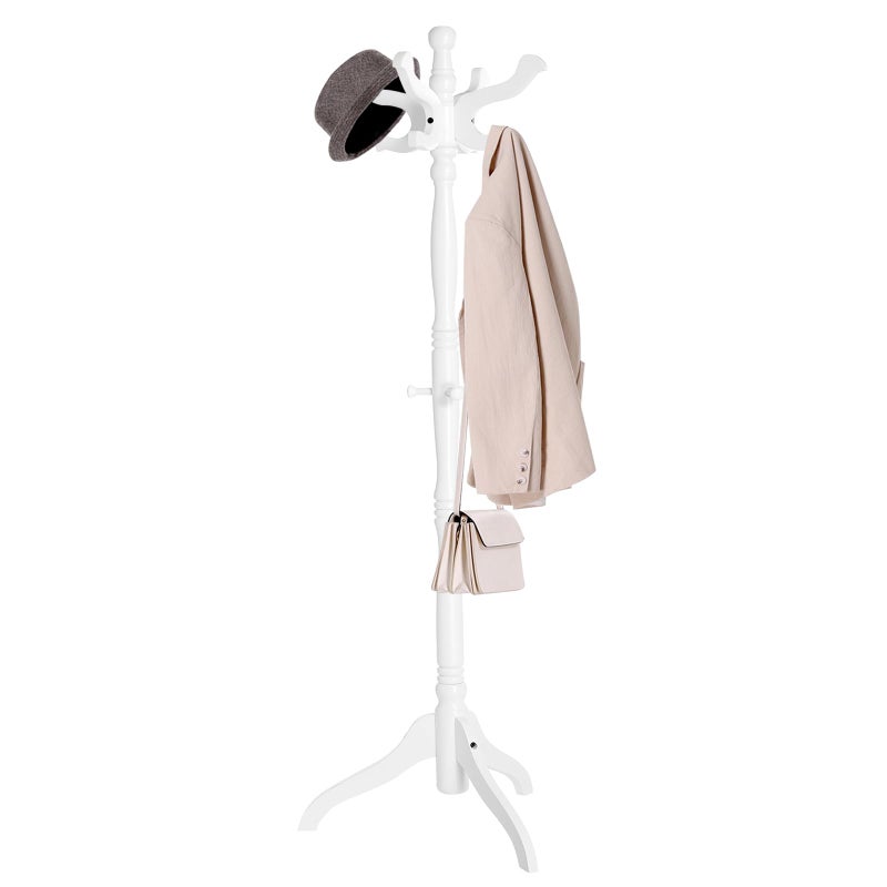 VASAGLE Coat Stand Solid Wood Freestanding Coat Rack with 11 Hooks Hall Tree for Bags Purses Hats for Entryway Hallway Rubberwood White URCR005W02
