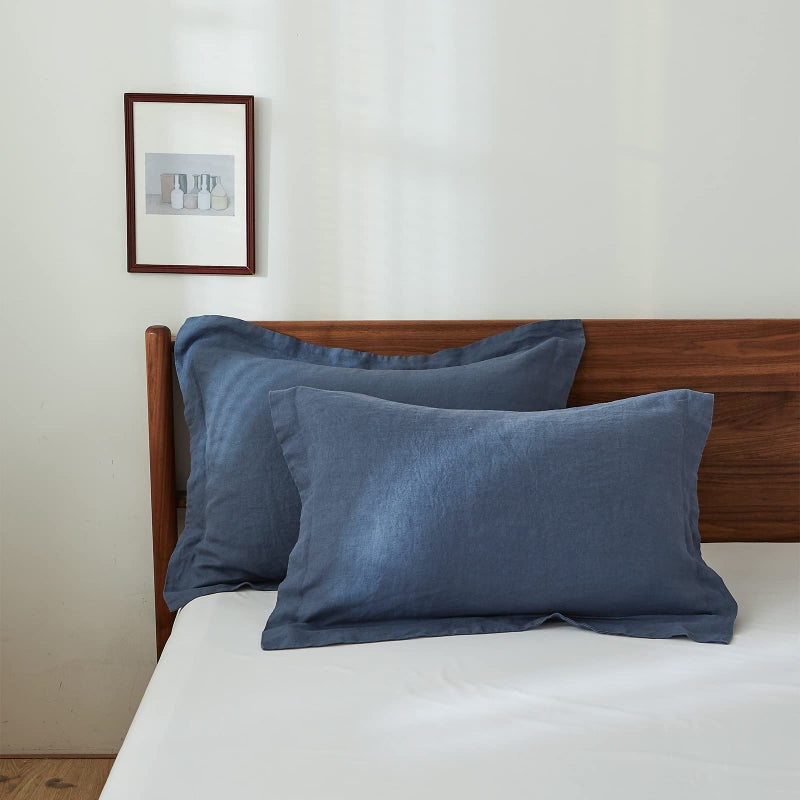 King Binens 100 ٪ French Linen Pillow Shams Style Basic - Pack of 2 - Color Solid Color Natural Flax Tream -Breatable - Classic Blue 20 '× 36' '