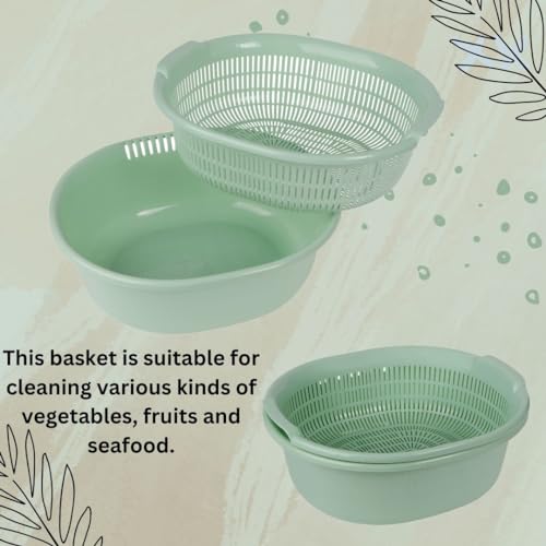 Nabhya Fruits and Vegetables Colander Plastic Double Washing Vegetable Basket for Kitchen, Multi-Functional Round Washing Vegetable Bowl Strainer Basket (Green, 1) - Image 4
