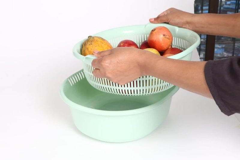 Nabhya Fruits and Vegetables Colander Plastic Double Washing Vegetable Basket for Kitchen, Multi-Functional Round Washing Vegetable Bowl Strainer Basket (Green, 1) - Image 1