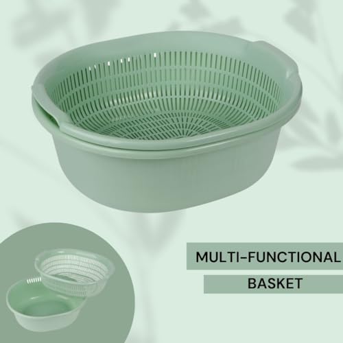 Nabhya Fruits and Vegetables Colander Plastic Double Washing Vegetable Basket for Kitchen, Multi-Functional Round Washing Vegetable Bowl Strainer Basket (Green, 1) - Image 5